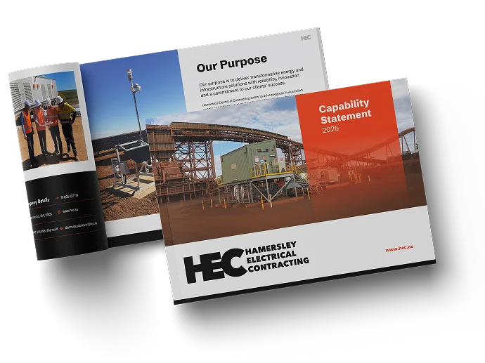 Two brochure pages for Hamersley Electrical Contracting; one features workers and equipment, the other shows industrial infrastructure with the title â€œCapability Statement 2026â€ and HEC logo.